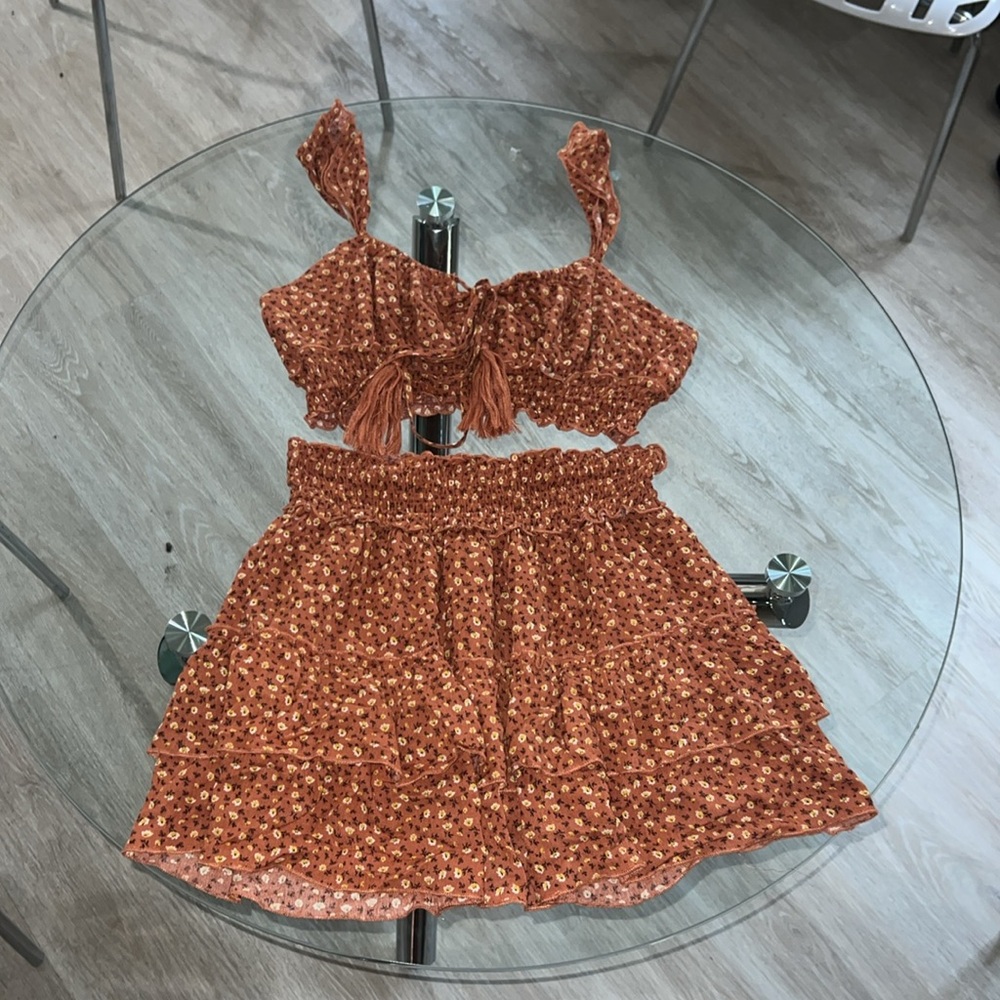 2 Piece Orange Floral Skirt Set